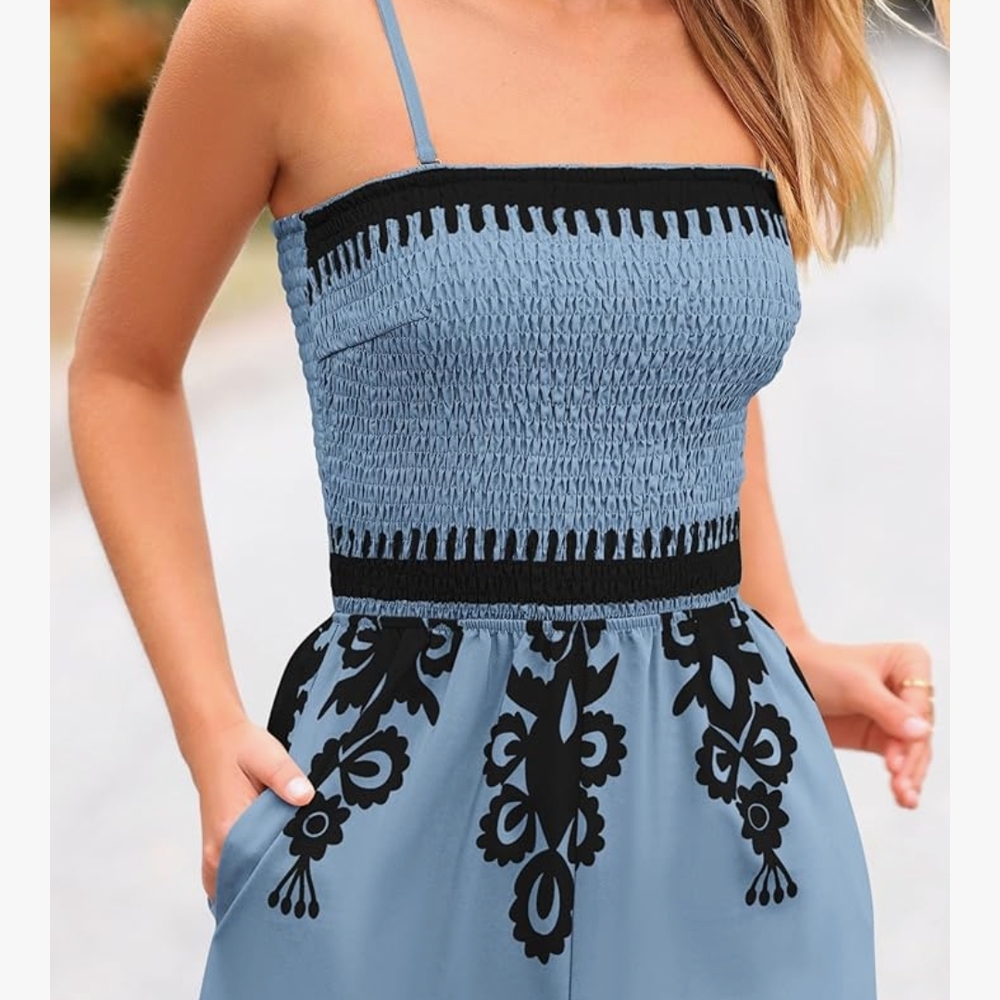 Elegant Blue and Black Patterned Women's Jumpsuit - Picture 2 of 6